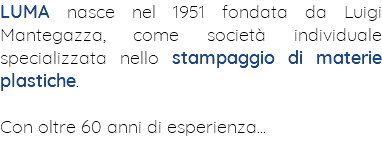 LUMA nasce nel 1951 fondata da Luigi Mantegazza, come società individuale specializzata nello stampaggio di materie plastiche. Con oltre 60 anni di esperienza... 
